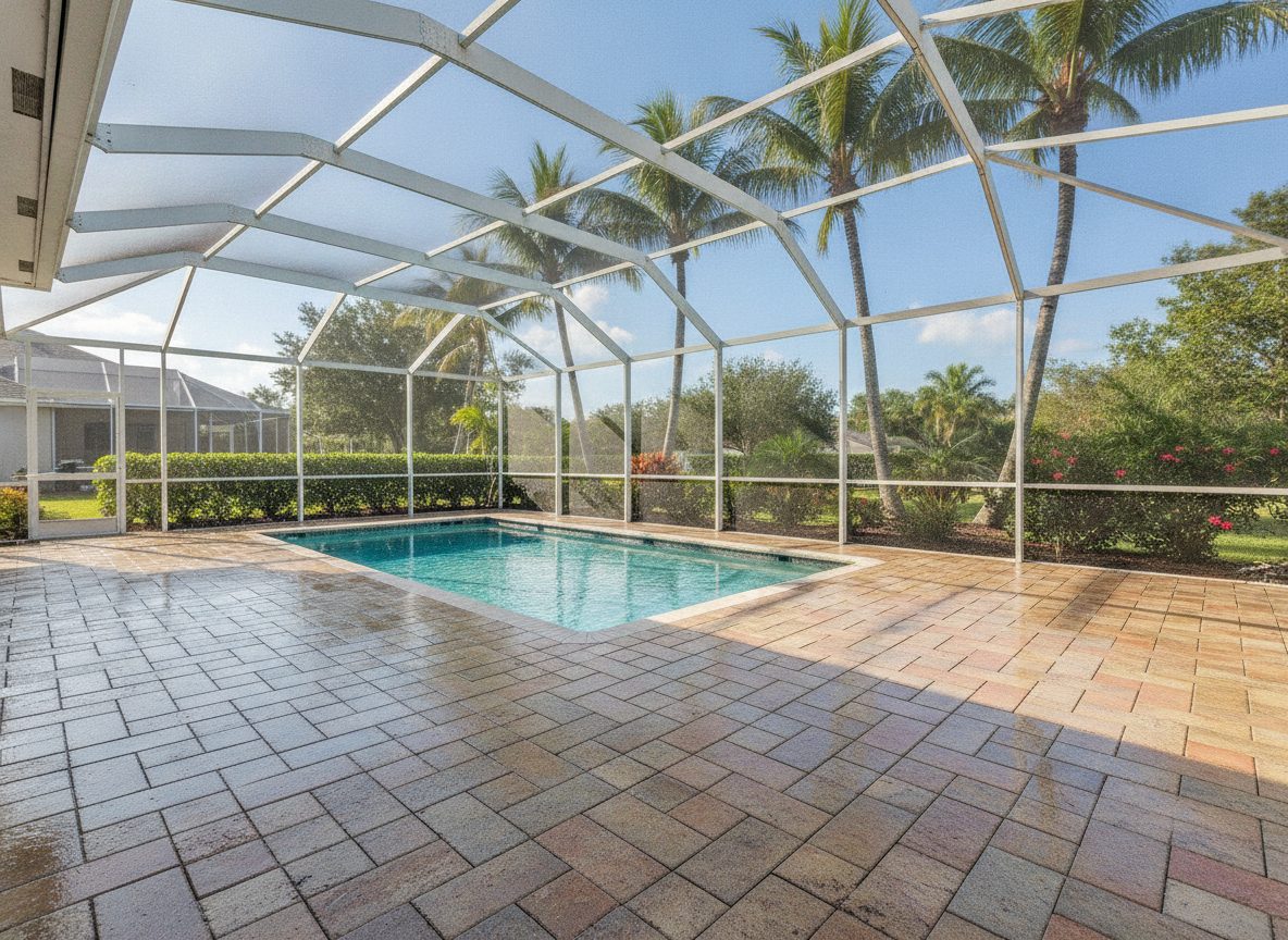 Freshly pressure washed paver patio beside a white screened pool enclosure