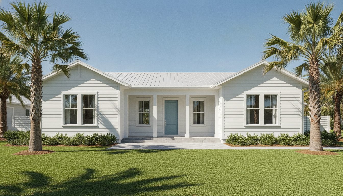 Freshly painted white coastal home exterior with slate-blue door under a clear sky
