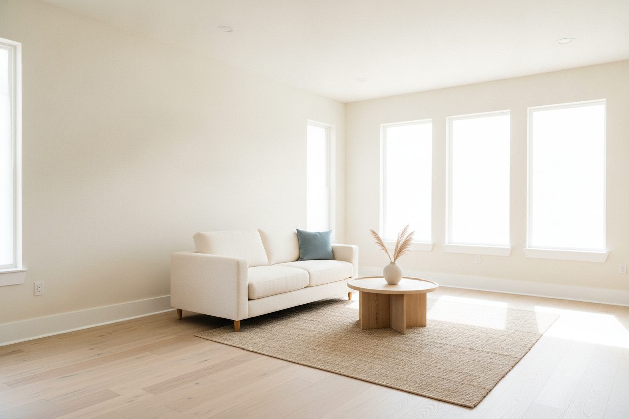 Remodeled sunlit living room with newly painted walls and pale wood flooring