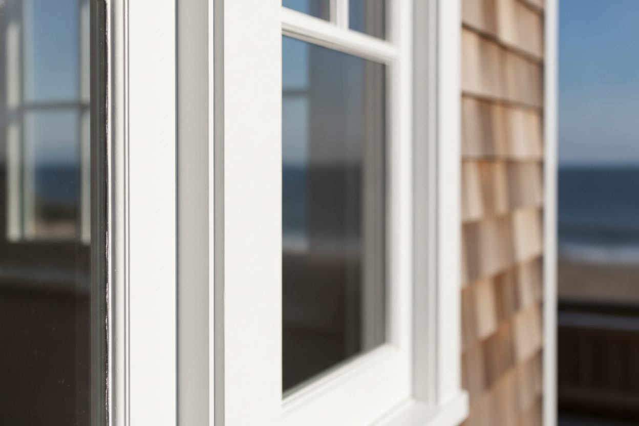 Close up of freshly painted crisp white door and window trim carpentry